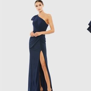 Mac Duggal Navy One-Shoulder Evening Gown with Thigh Slit NEW
